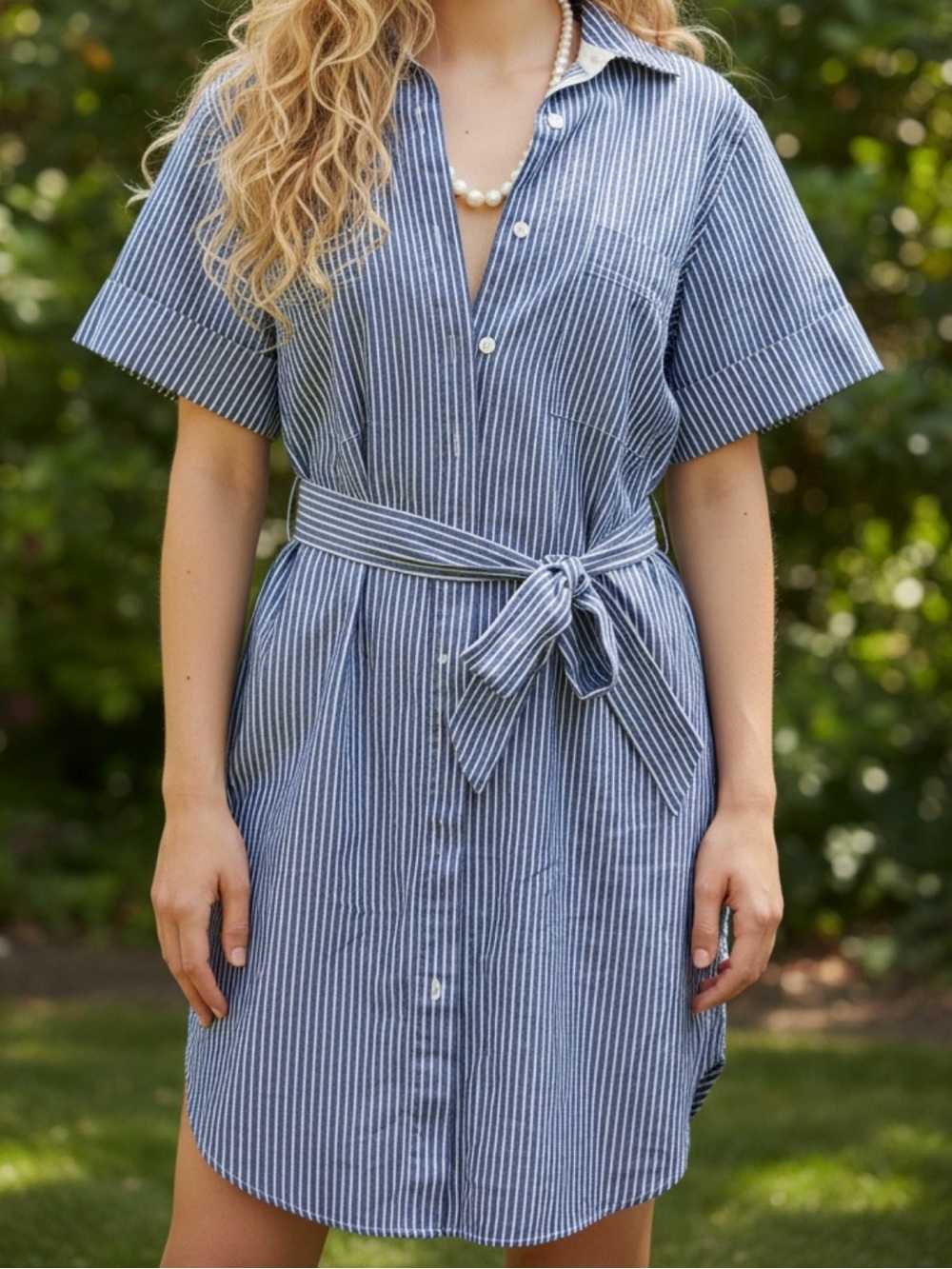 By Malene Birger 
100% silk trimming Blue and White Striped Midi Shirt Dress